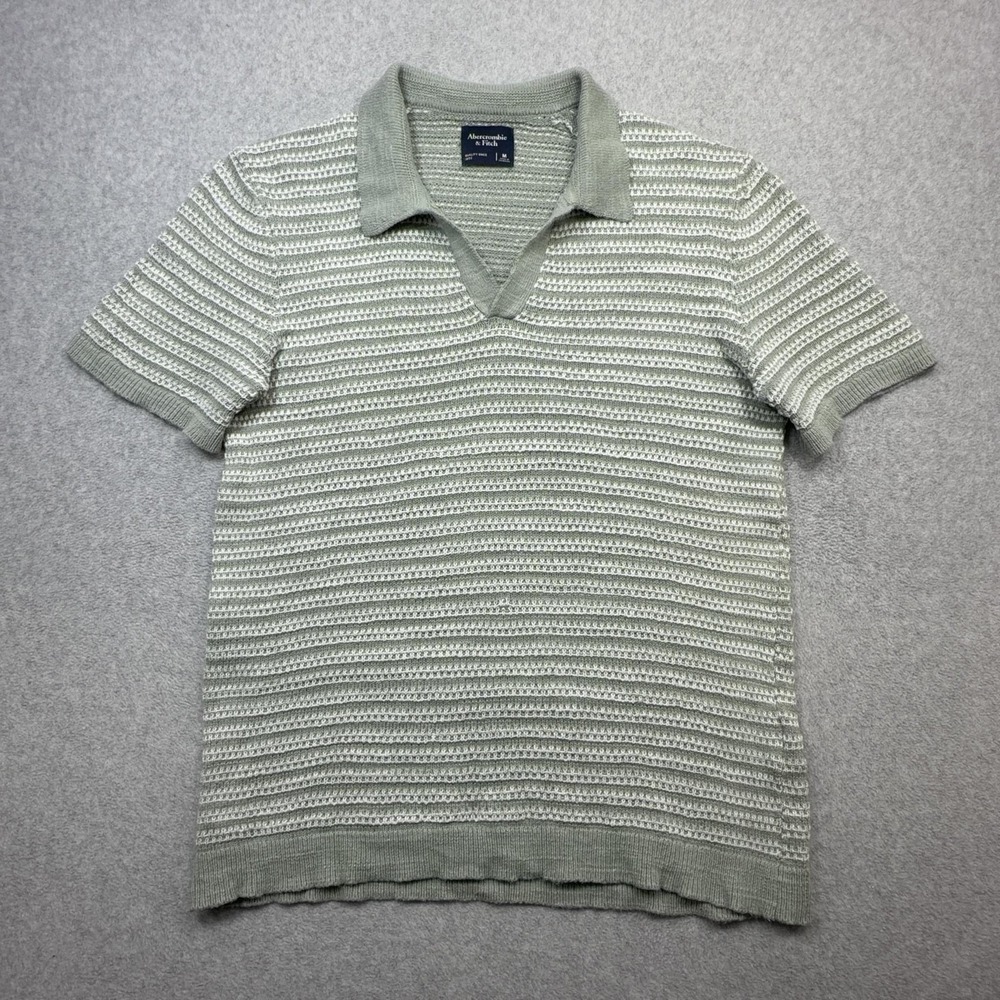 Abercrombie Fitch Sweater Polo Shirt Mens Medium Green Stripe Loose Knit Johnny
